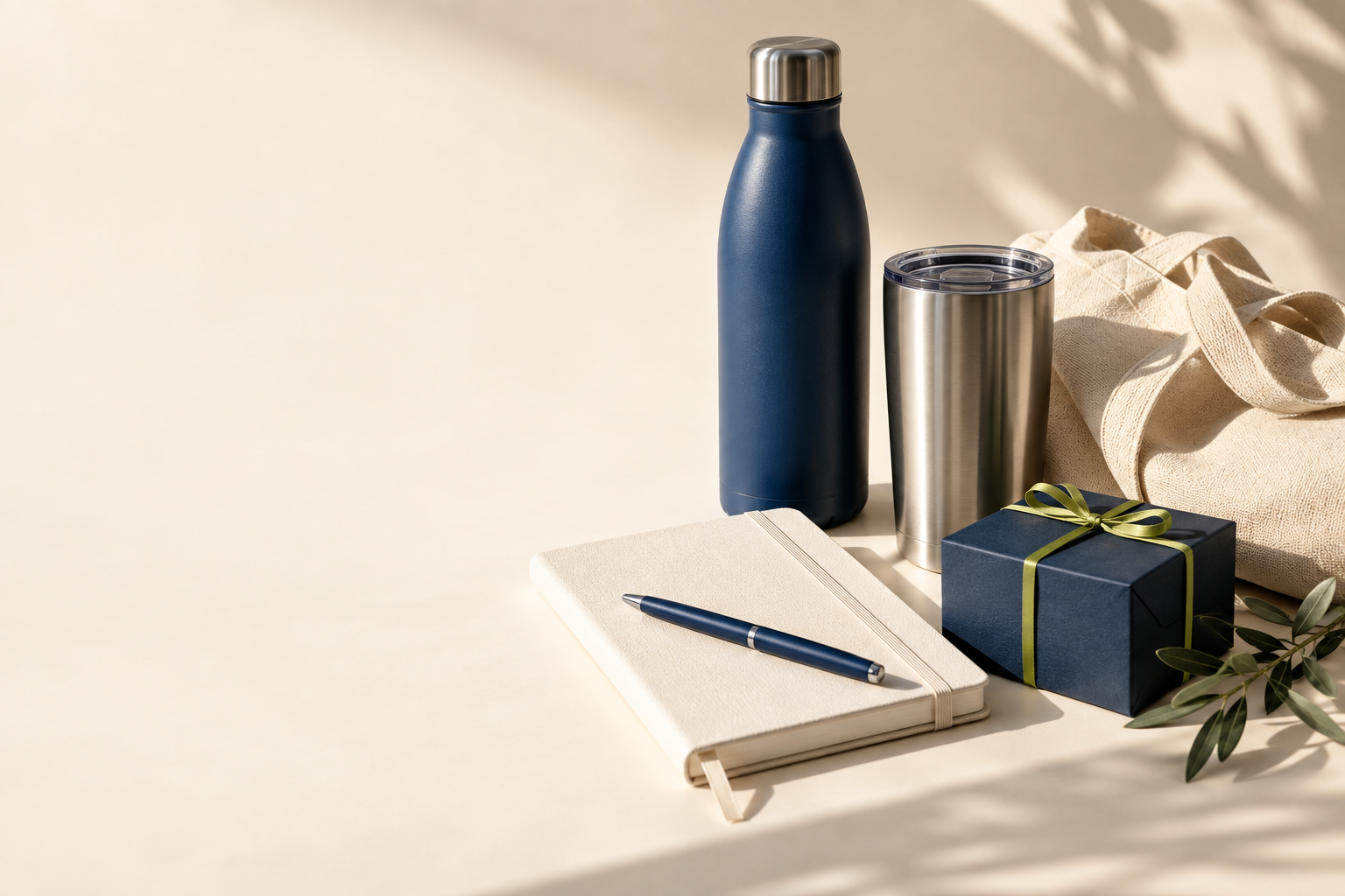 Composição ilustrativa de garrafa, caderno, bolsa e presentes corporativos